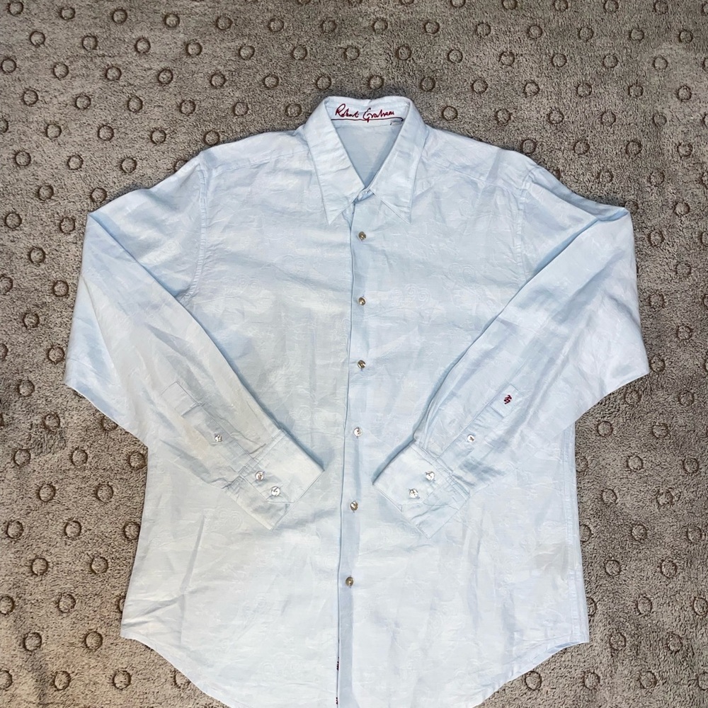Robert Graham Men’s Flip Cuff Button Up Shirt Geometric Floral Light Blue Size L